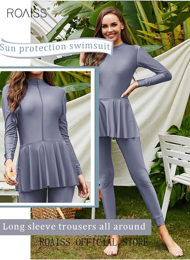roaiss - ROAISS 2-Piece Women Conservative Swimsuit Set Muslim Ruffled Hem Swimwear Swimming Trousers Cap Ladies Beachwear Skirt Bikini Dress Arab Clothing Pure  Grey - Image 1