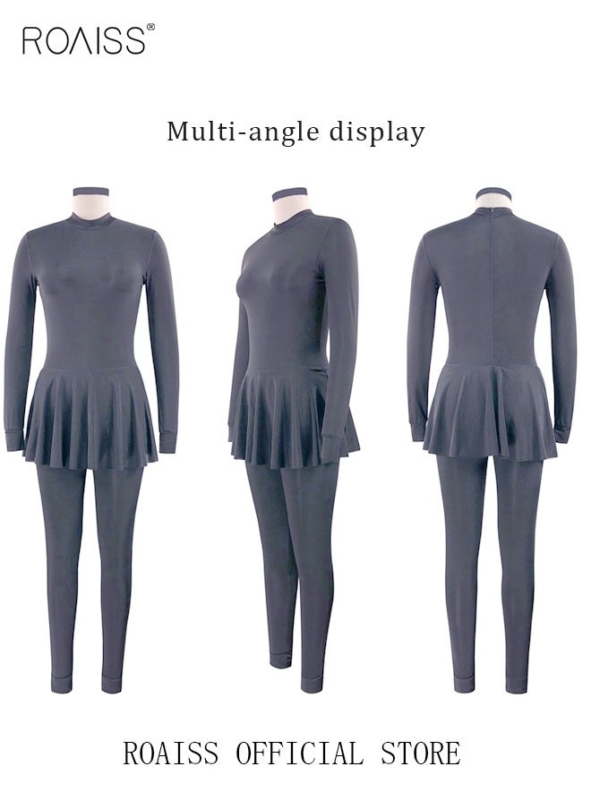 roaiss - ROAISS 2-Piece Women Conservative Swimsuit Set Muslim Ruffled Hem Swimwear Swimming Trousers Cap Ladies Beachwear Skirt Bikini Dress Arab Clothing Pure  Grey - Image 1
