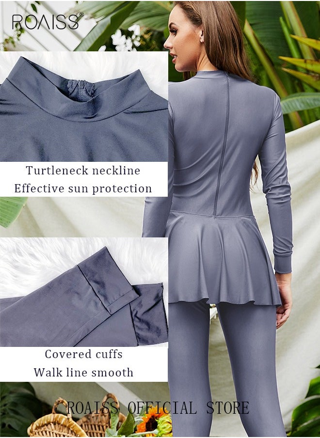 roaiss - ROAISS 2-Piece Women Conservative Swimsuit Set Muslim Ruffled Hem Swimwear Swimming Trousers Cap Ladies Beachwear Skirt Bikini Dress Arab Clothing Pure  Grey - Image 1