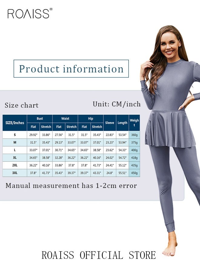 roaiss - ROAISS 2-Piece Women Conservative Swimsuit Set Muslim Ruffled Hem Swimwear Swimming Trousers Cap Ladies Beachwear Skirt Bikini Dress Arab Clothing Pure  Grey - Image 1