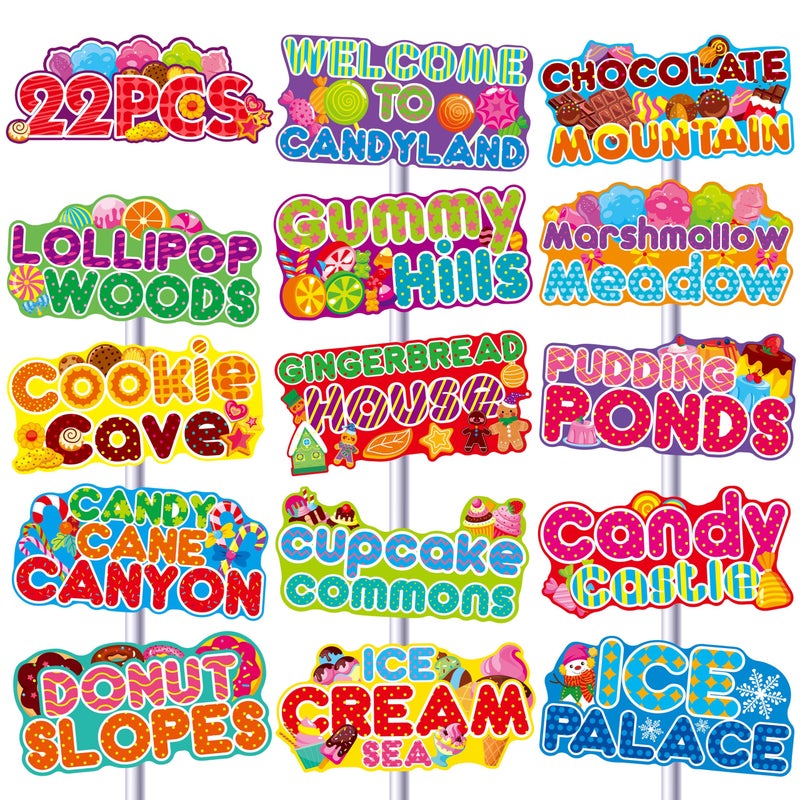 Gethelud 22 PCS Candyland Party Signs, Thick Cardstock Sweet Treat Decoration Kit, Candy Land Backdrop Sign for Birthday Halloween Christmas Party, Classroom Event, Carnival, Festival Decor - Image 1