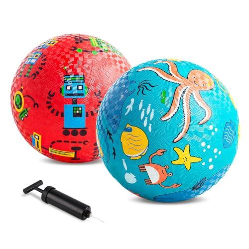 ZOOJOY Pack of 2 Cartoon Playground Balls Balls for Kids 3 85 Rubber Balls for Dodgeball NonSlip Rubber Bouncy Kickball Set Indoor Outdoor Game Toys for Boys Girls with Pump - Image 1