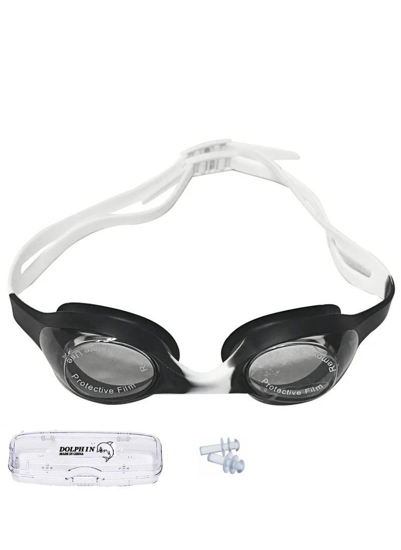 Dolphin G-168 Anti-Fog Kids Swim Goggles With Box & Ear Plugs, Black/White 