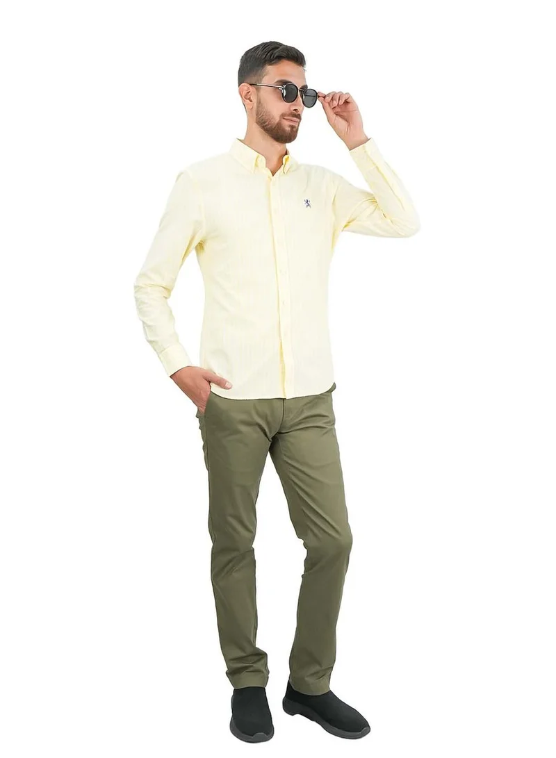 جيوردانو قميص رجالي قطن أكسفورد بتطريز أسد صغير، قصة ضيقة، بأزرار كاملة