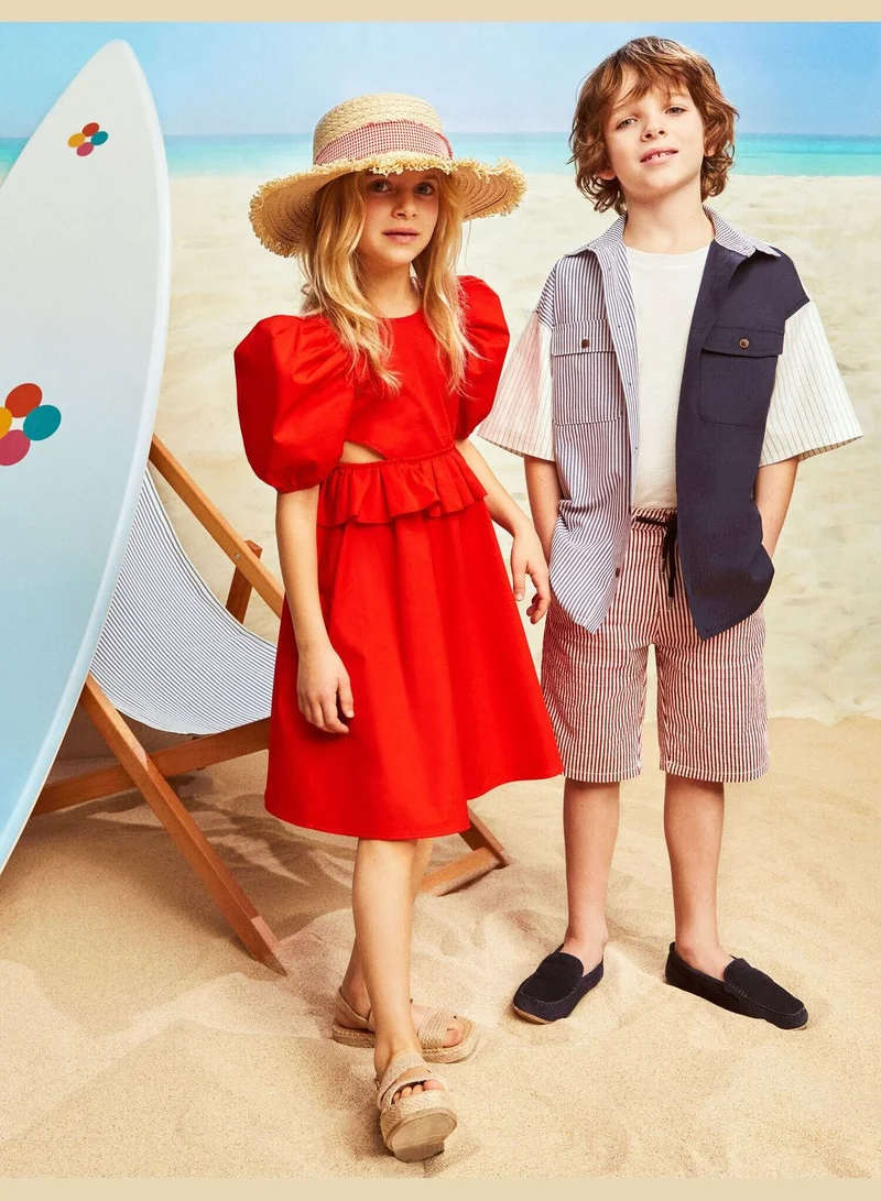 كوتون Short Puff Sleeve Waisted Cut Out Detail Frilly Dress Cotton