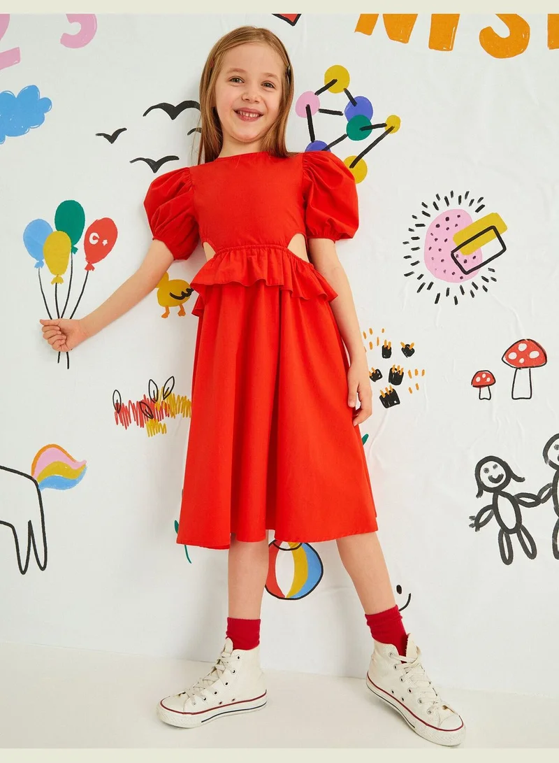 كوتون Short Puff Sleeve Waisted Cut Out Detail Frilly Dress Cotton