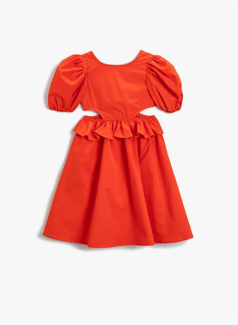 كوتون Short Puff Sleeve Waisted Cut Out Detail Frilly Dress Cotton