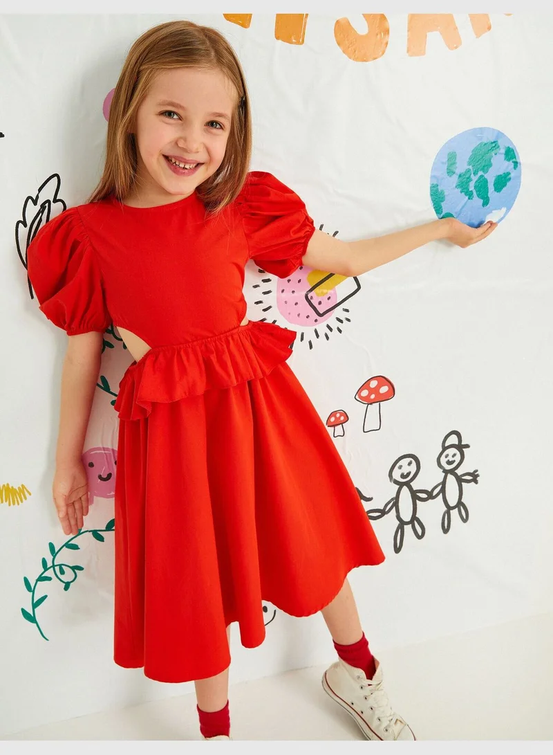 كوتون Short Puff Sleeve Waisted Cut Out Detail Frilly Dress Cotton