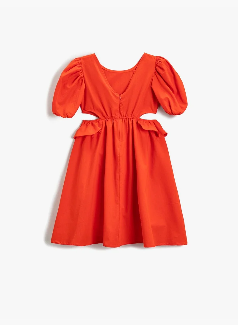 كوتون Short Puff Sleeve Waisted Cut Out Detail Frilly Dress Cotton