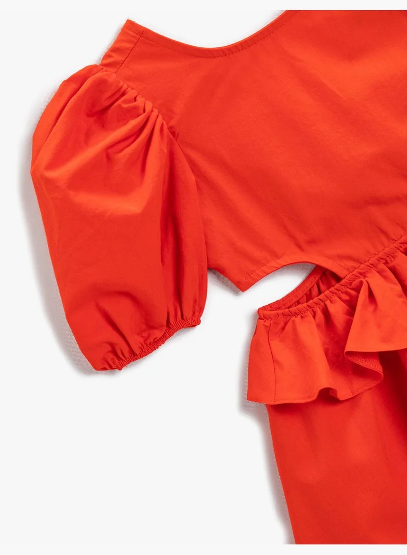 كوتون Short Puff Sleeve Waisted Cut Out Detail Frilly Dress Cotton