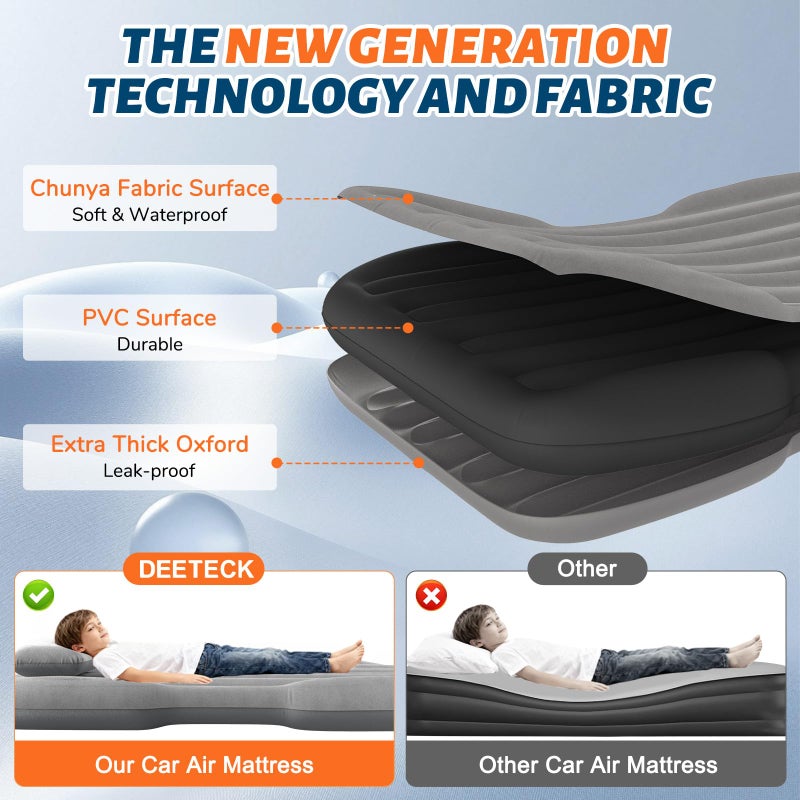 Deeteck Thickened Inflatable Car Mattress for Back Seat - SUV Air Mattress Bed for Camping & Road Trips, Portable Car Blow Up Mattress with Cup Holder, 2 Pillows & Carry Bag - Grey - Image 2