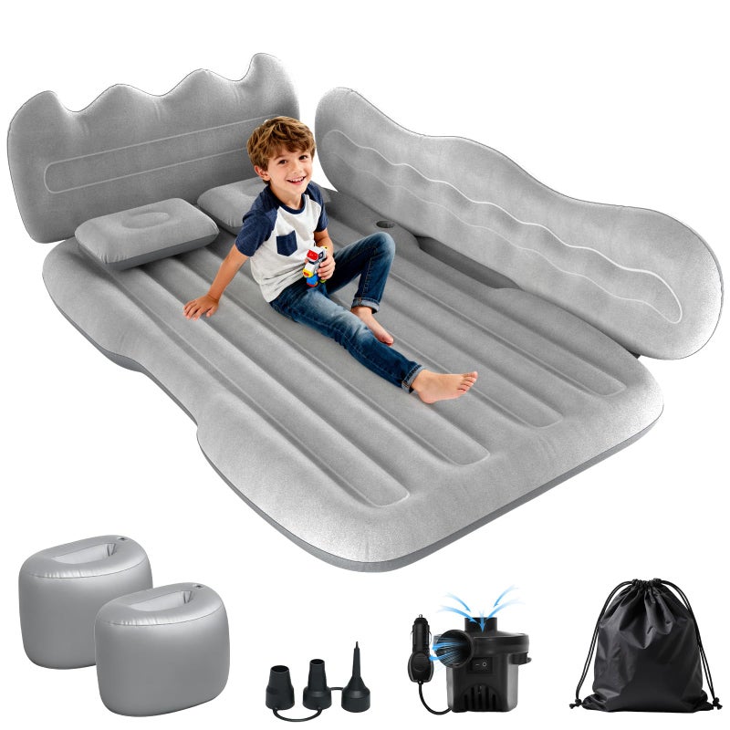 Deeteck Thickened Inflatable Car Mattress for Back Seat - SUV Air Mattress Bed for Camping & Road Trips, Portable Car Blow Up Mattress with Cup Holder, 2 Pillows & Carry Bag - Grey - Image 1