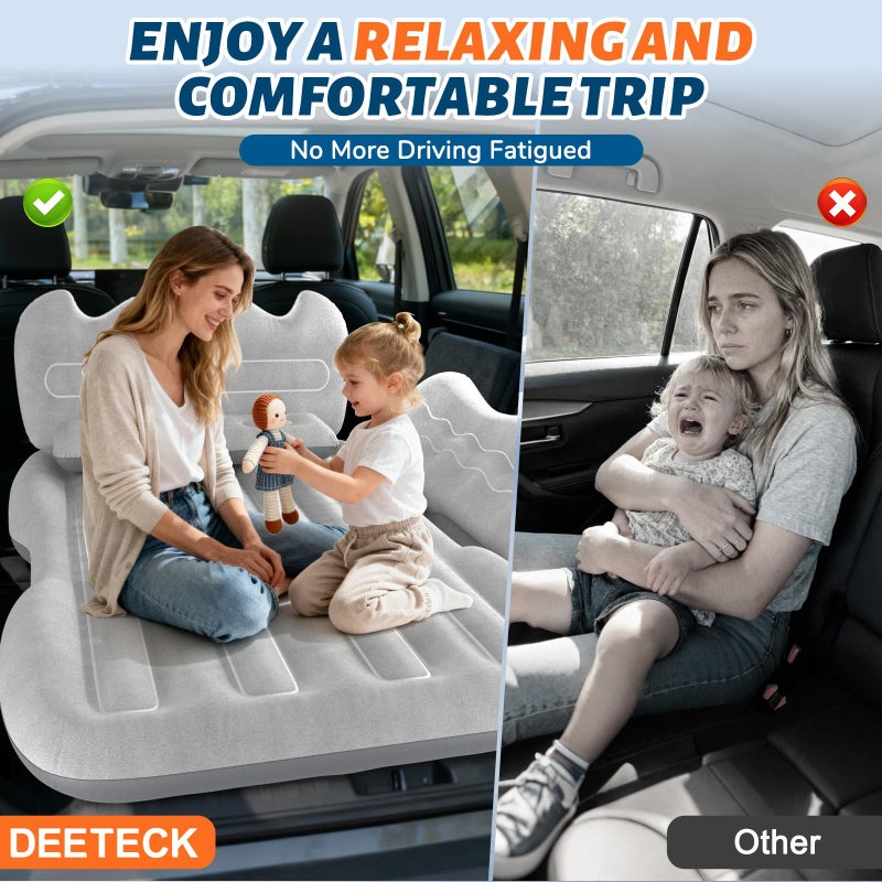 Deeteck Thickened Inflatable Car Mattress for Back Seat - SUV Air Mattress Bed for Camping & Road Trips, Portable Car Blow Up Mattress with Cup Holder, 2 Pillows & Carry Bag - Grey - Image 5