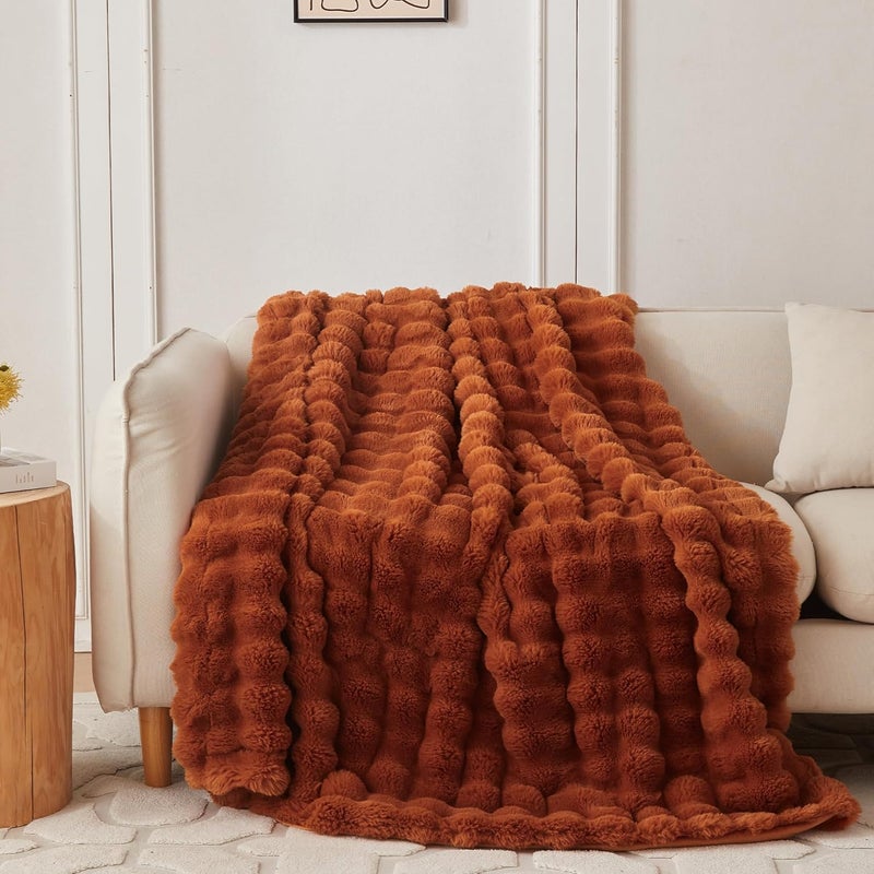 COOVA Faux Fur Throw Blanket for Couch, Cozy Soft and Fuzzy Plush Rabbit Fur Bubble Blanket for Sofa Bedroom Living Room, 60x80 Inches Brown - Image 1