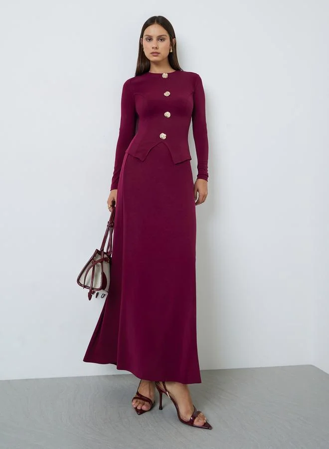 Styli Burgundy Long Sleeve Knit Top With Gold Buttons
