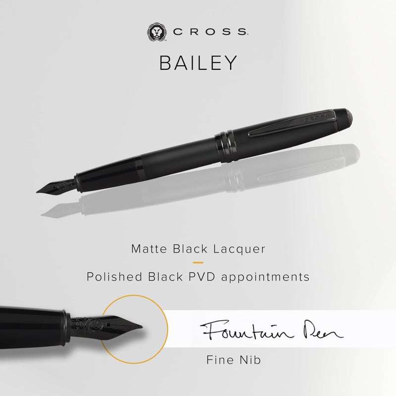 Cross Bailey Matte Black Lacquer Fountain Pen with polished black PVD appointments, Fine Nib - Image 2