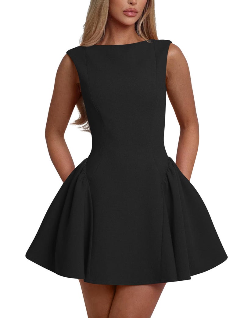 YMDUCH Women's Summer Sleeveless Crew Neck Backless A-line Mini Party Prom Dress Black - Image 1