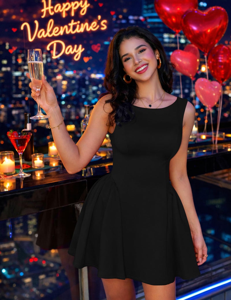 YMDUCH Women's Summer Sleeveless Crew Neck Backless A-line Mini Party Prom Dress Black - Image 2