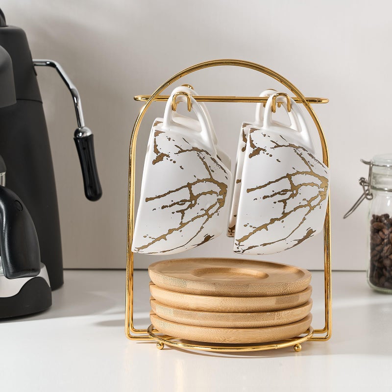 LUKA Ceramic Demitasse Espresso Cups Set with Saucers and Metal Stand, 8 oz Porcelain Stackable Cappuccino Cups Teacup For Tea, Espresso, Latte, Coffee, Cafe Mocha, Set of 4, White - Image 3