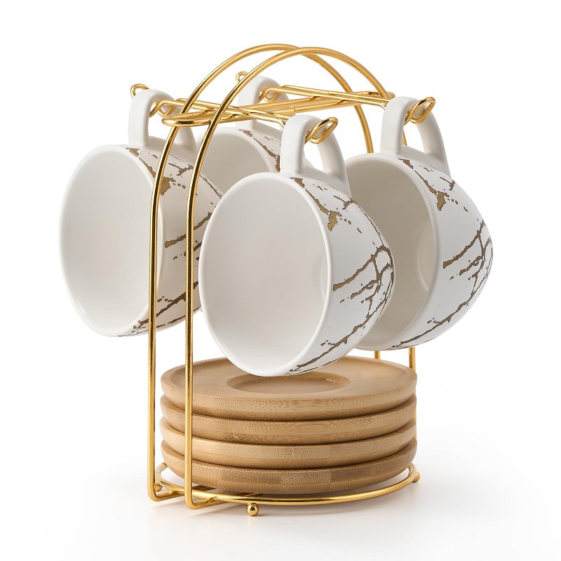 LUKA Ceramic Demitasse Espresso Cups Set with Saucers and Metal Stand, 8 oz Porcelain Stackable Cappuccino Cups Teacup For Tea, Espresso, Latte, Coffee, Cafe Mocha, Set of 4, White - Image 1