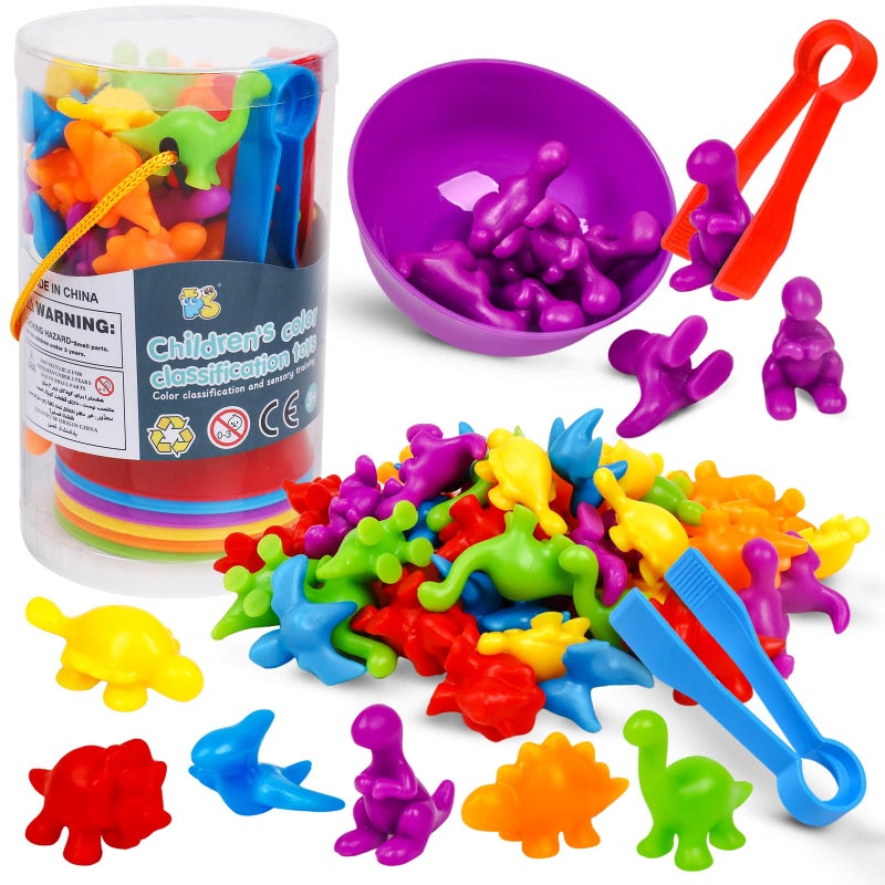 NAODONGLI Counting Dinosaurs Color Sorting Toys with Rainbow Bowls for Kids Sensory Training Counting Activity Montessori Education Learning Activities Easter Gift for 35 Years Old Boys Girls