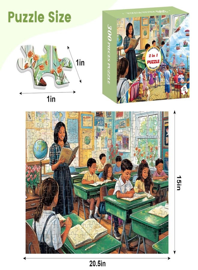 VOLUVOLU 2-Pack 300 Pieces Puzzles for Adults, Nostalgic Classroom Scene Puzzles 300 Pieces Seaside Amusement Park Jigsaw Puzzles for Adults, Birthday Party for Family Kids, Game Nights Gifts - Image 2