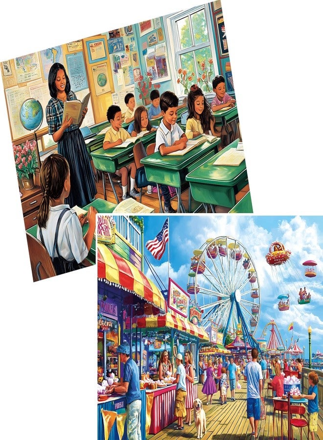 VOLUVOLU 2-Pack 300 Pieces Puzzles for Adults, Nostalgic Classroom Scene Puzzles 300 Pieces Seaside Amusement Park Jigsaw Puzzles for Adults, Birthday Party for Family Kids, Game Nights Gifts - Image 1