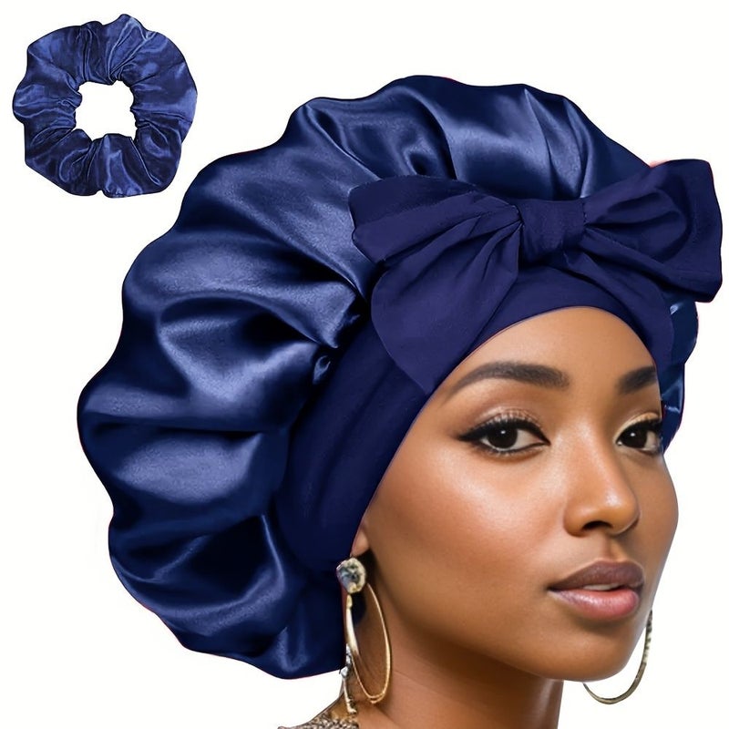Purple Satin Hat Set with Floral Design Hair Ties Sleep Bonnet - Image 5