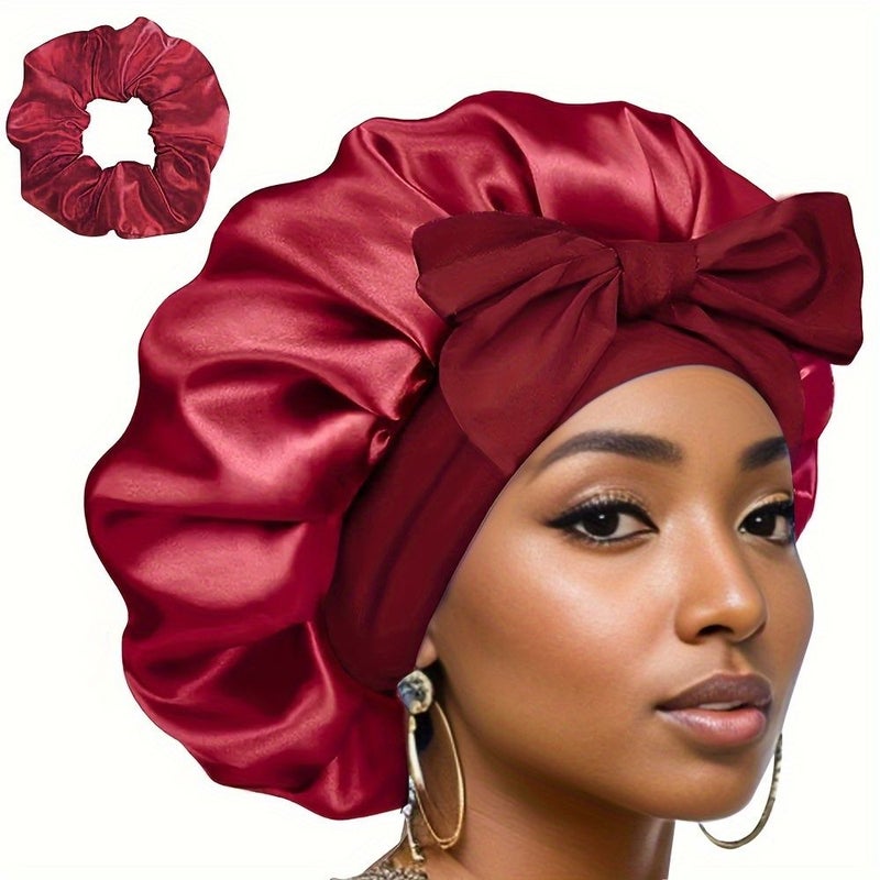 Purple Satin Hat Set with Floral Design Hair Ties Sleep Bonnet - Image 2