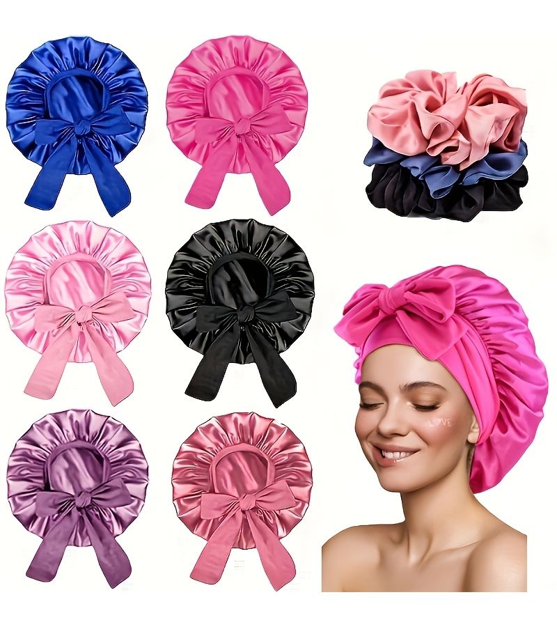 Purple Satin Hat Set with Floral Design Hair Ties Sleep Bonnet - Image 1