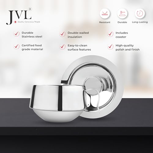 JVL Stainless Steel Cup with Coaster (Silver, 3-inch) - Set of 4 - Image 3