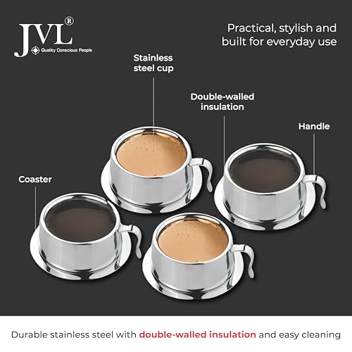 JVL Stainless Steel Cup with Coaster (Silver, 3-inch) - Set of 4 - Image 2