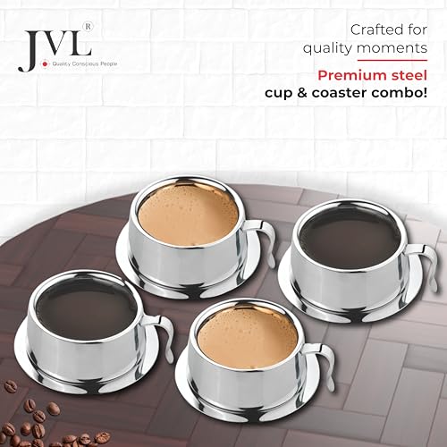 JVL Stainless Steel Cup with Coaster (Silver, 3-inch) - Set of 4 - Image 4