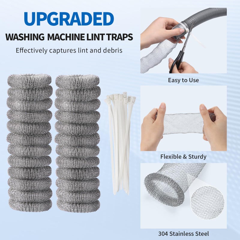 40 Pieces Lint Traps Stainless Steel Washing Machine Lint Snare Traps Laundry Mesh Washer Hose Filter with 40 Pcs Cable Ties - Image 2