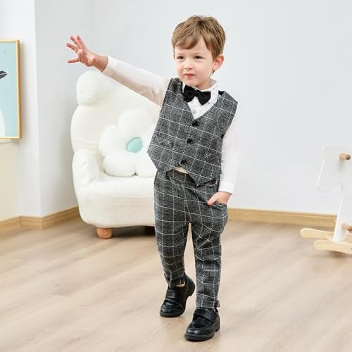 YUEMION Toddler Baby Boy Clothes Suits Gentleman Dress Shirt+Bowtie+Vest+Suspender Pants Boy Formal Wedding Outfits Set (White and Grey Grid,18-24 Months) - Image 5