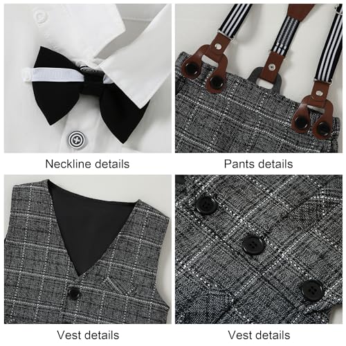 YUEMION Toddler Baby Boy Clothes Suits Gentleman Dress Shirt+Bowtie+Vest+Suspender Pants Boy Formal Wedding Outfits Set (White and Grey Grid,18-24 Months) - Image 2