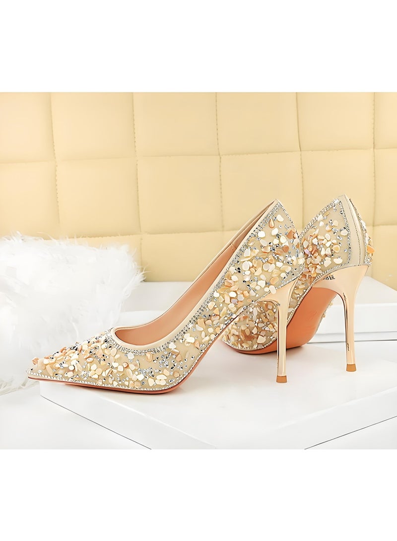 بيج تري المضخات الراينست للمرأة السينز مغلقة إصبع القدم عالية الكعب البريكوت 9.5CM - Image 2