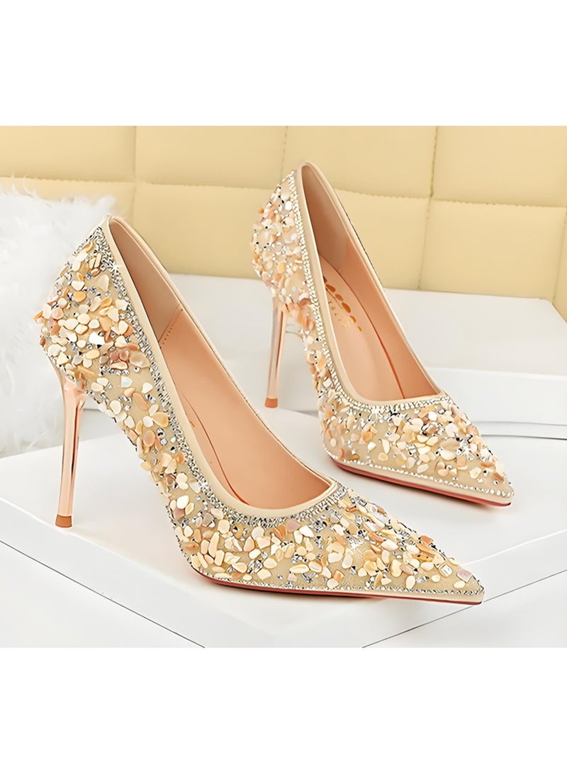 بيج تري المضخات الراينست للمرأة السينز مغلقة إصبع القدم عالية الكعب البريكوت 9.5CM - Image 3