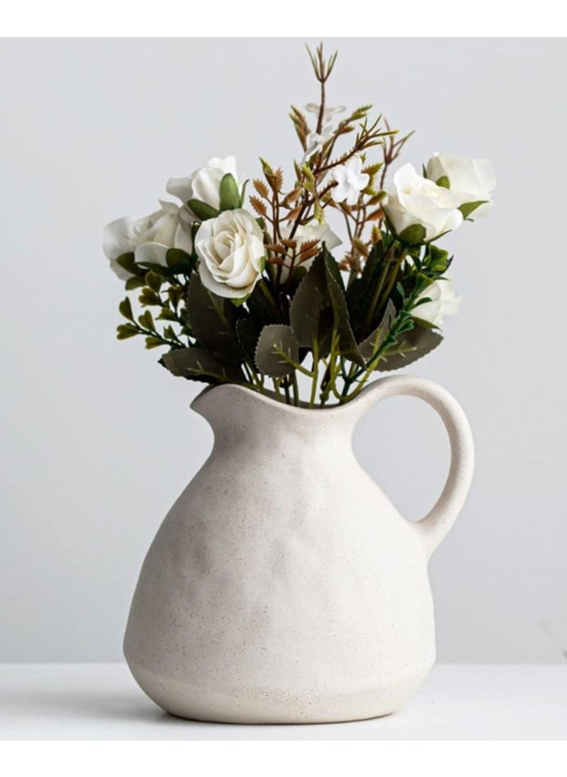 Ceramic White Vase  A Rustic Matte White Pitcher Vase with Handle.