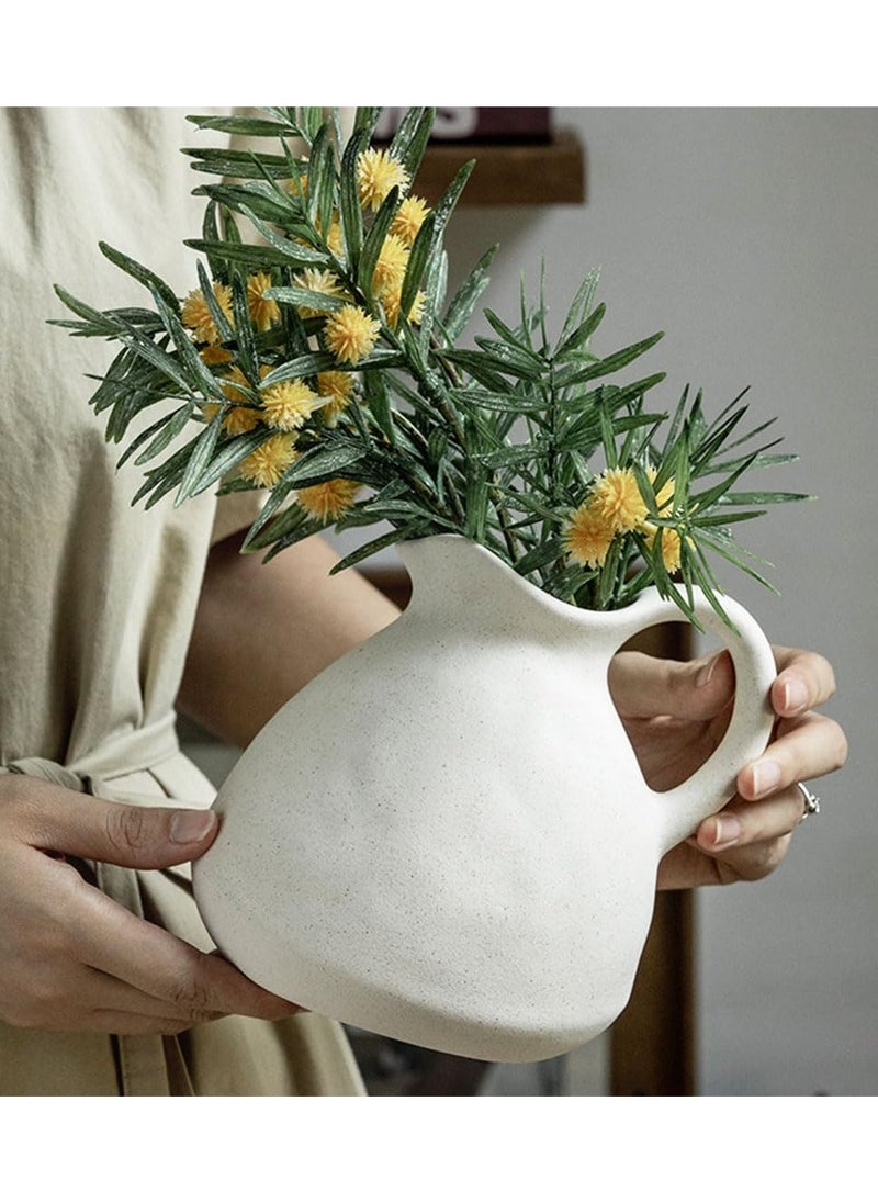 Ceramic White Vase  A Rustic Matte White Pitcher Vase with Handle.