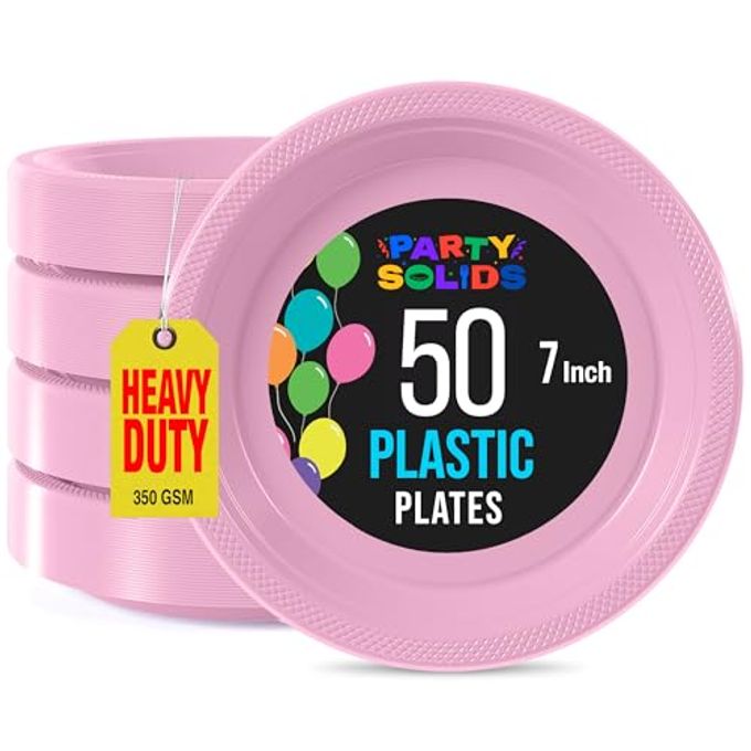 Exquisite Party Solids Pink Plastic Plates For Party Supplies 7" Pink Disposable Plates Heavy Duty 50 Pcs Plastic Dinnerware Sets Heavy Duty 350 GSM Disposable Dinnerware Set - Image 1