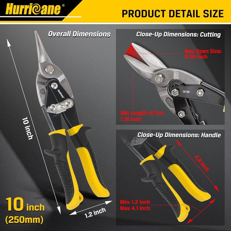 Hurricane 10 Inch Aviation Tin Snips, Straight Cut Shears for Sheet Metal, Aluminum, Gutter & DIY Projects, Regular Straight Cutting Sheet Metal Cutter - Image 2