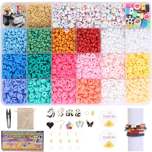 Ambitieux DIY Bracelet Making Kit for Girls – 3000+ Beads Craft Set with 12 Clay Colors, 6 Seed, Alphabet & Heart, Charms, Findings, Elastic Rolls, Cutter & Jute Pouch – Jewellery Kit for Kids - Birthday Gift for Girls 4 5 6 7 8 9 10 Years - Image 1