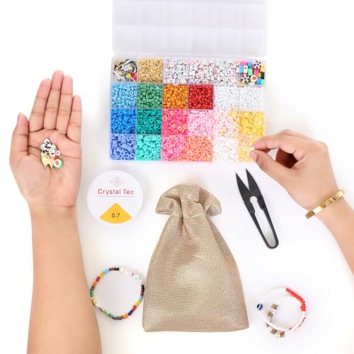 Ambitieux DIY Bracelet Making Kit for Girls – 3000+ Beads Craft Set with 12 Clay Colors, 6 Seed, Alphabet & Heart, Charms, Findings, Elastic Rolls, Cutter & Jute Pouch – Jewellery Kit for Kids - Birthday Gift for Girls 4 5 6 7 8 9 10 Years - Image 2