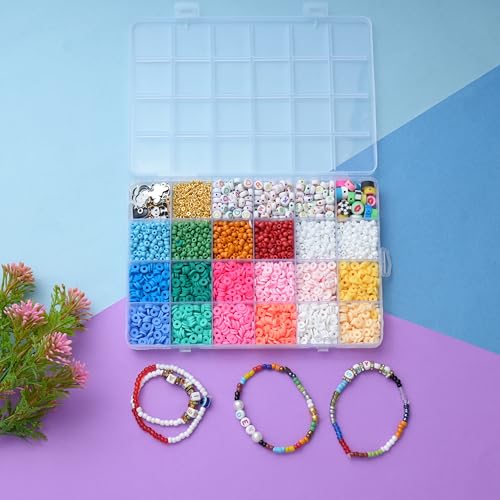 Ambitieux DIY Bracelet Making Kit for Girls – 3000+ Beads Craft Set with 12 Clay Colors, 6 Seed, Alphabet & Heart, Charms, Findings, Elastic Rolls, Cutter & Jute Pouch – Jewellery Kit for Kids - Birthday Gift for Girls 4 5 6 7 8 9 10 Years - Image 4