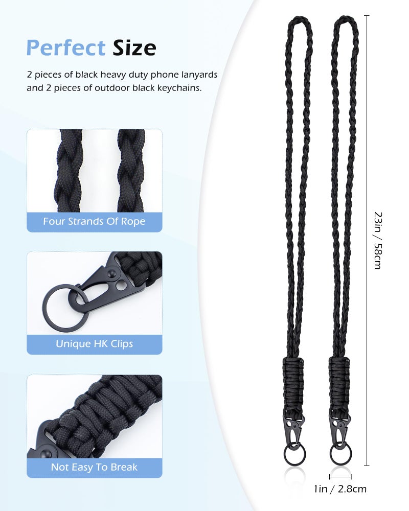 YETOOME 2 Set Heavy Duty Paracord Lanyard and Braided Keychain for ID Card Badge Holder, Outdoor Activities, Camera, Traveling (Black) - Image 2