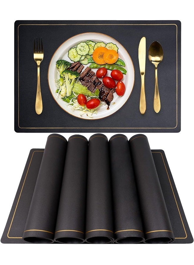 DUNISO 6 Pcs Placemat,Waterproof Wipeable PU Leather Place Mats Indoor, Washable Kitchen Table Mats for Party Home Décor,Black  - Image 1