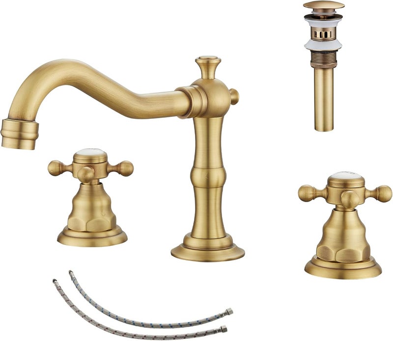 GGStudy 2 Handles 3 Holes Faucet Widespread Bathroom Sink Faucet Antique Brass Basin Tap Mixer Supply Hose Included Matching Metal Pop Up Drain - Image 1