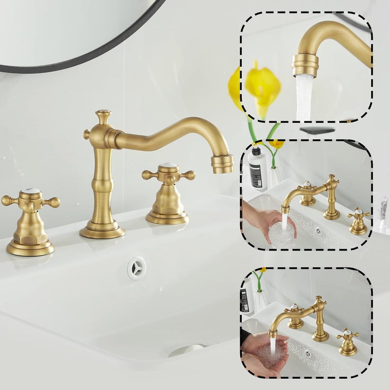 GGStudy 2 Handles 3 Holes Faucet Widespread Bathroom Sink Faucet Antique Brass Basin Tap Mixer Supply Hose Included Matching Metal Pop Up Drain - Image 4