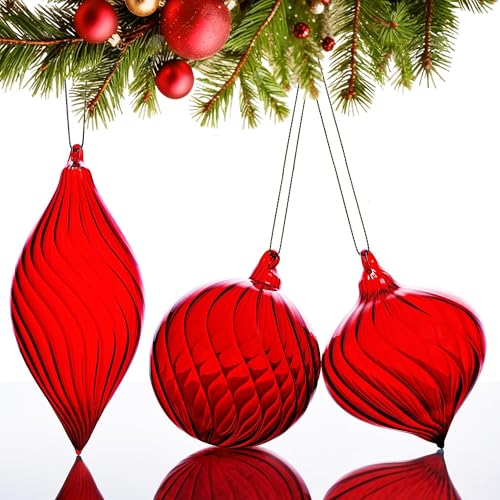 KRISININE 3 Pcs Hand Blown Glass Christmas Ball Ornaments Hanging Xmas Tree Decorations for Home Wedding Birthday Party Holiday (Red) - Image 4
